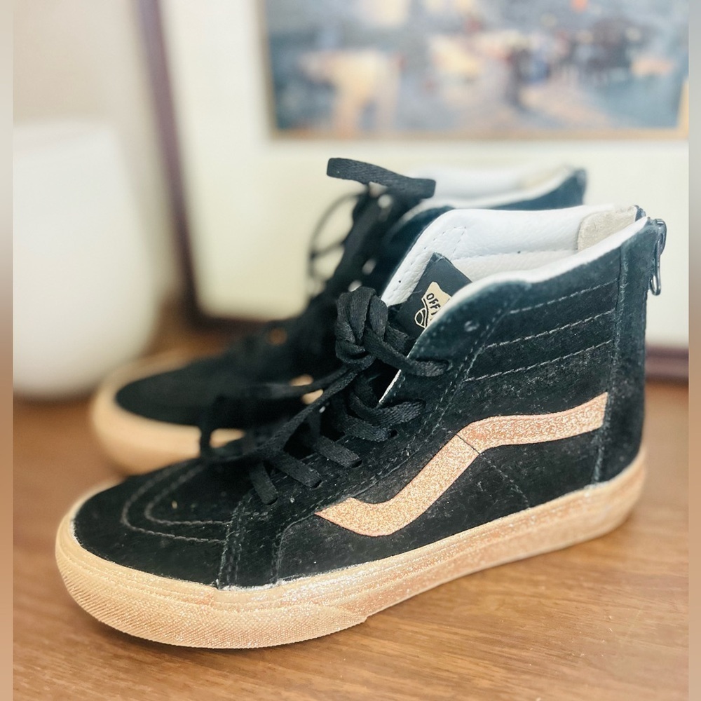 Van’s Black Gold Sparkle Glitter High Tops Suede Tennis Shoes